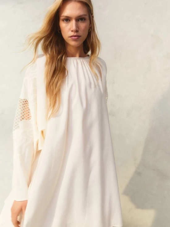 H&M Dresses & Skirts - H&M Cream Boho Mini  Crochet Embroidered Balloon Sleeves
